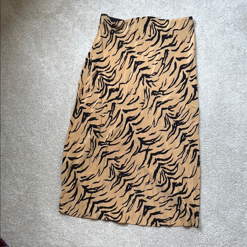 Madewell Tan and Black Zebra Print Silk Midi Skirt
